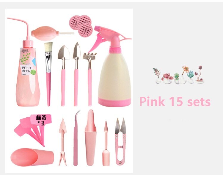 Bouteilles d'arrosage plantes miniatures | Mini ensemble d'outils à main de jardinage multifonctions plantes succulentes, outils de jardinage: Pink 15pcs