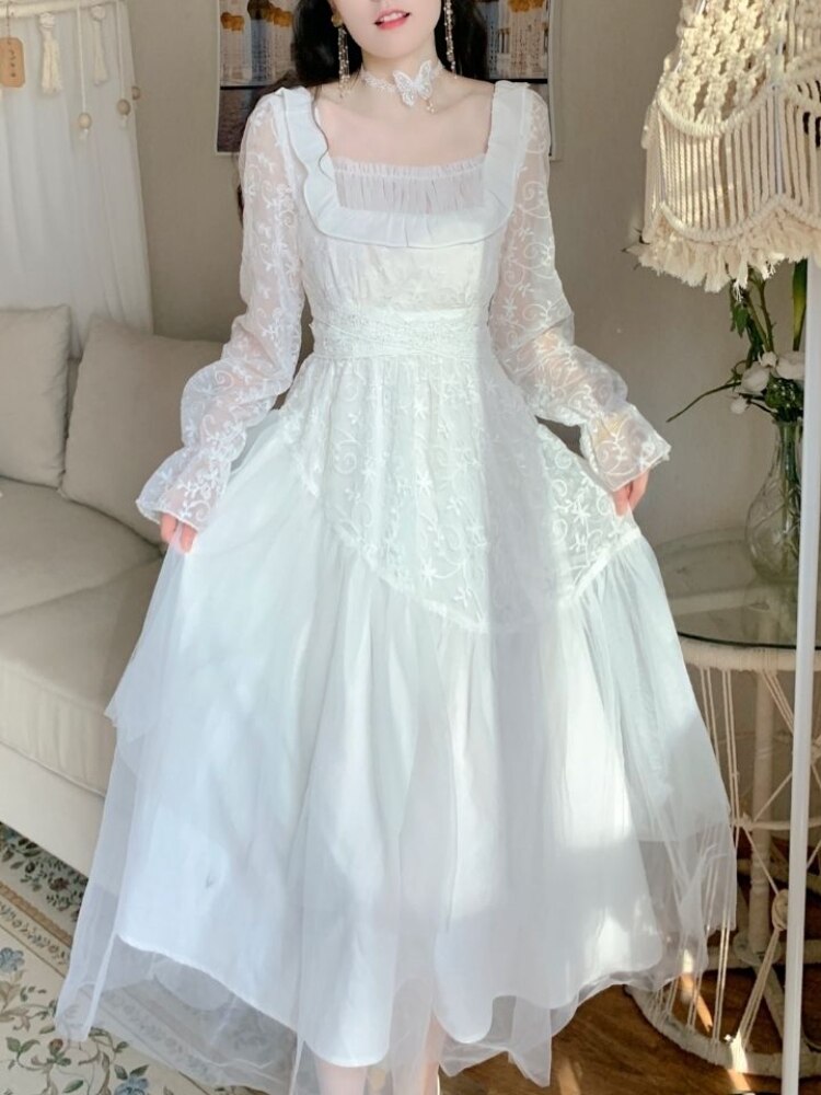 Vintage Evening Party Long Dress Women Lace France Retro Princess Fairy Dress White Korea Sweet Dress Female Summer 2022