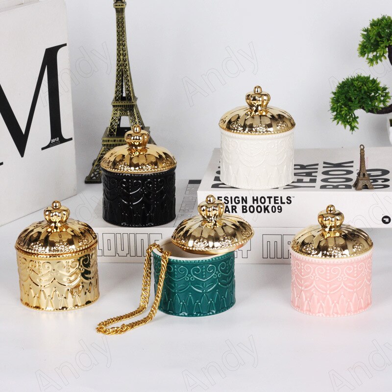 European Ceramic Storage Jar Gold Plated Decorative Bedroom Jewelry Container Relief Necklace Organizer Home Decoration