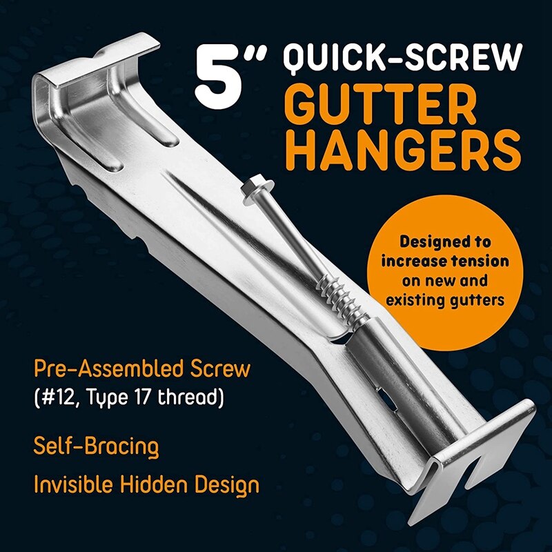 Quick Screw Gutter Hangers 50 Pack - 5 Inch Gutter Clips With Drill Bit -Bracket Clips With Pre-Fix Sagging Rain Gutters