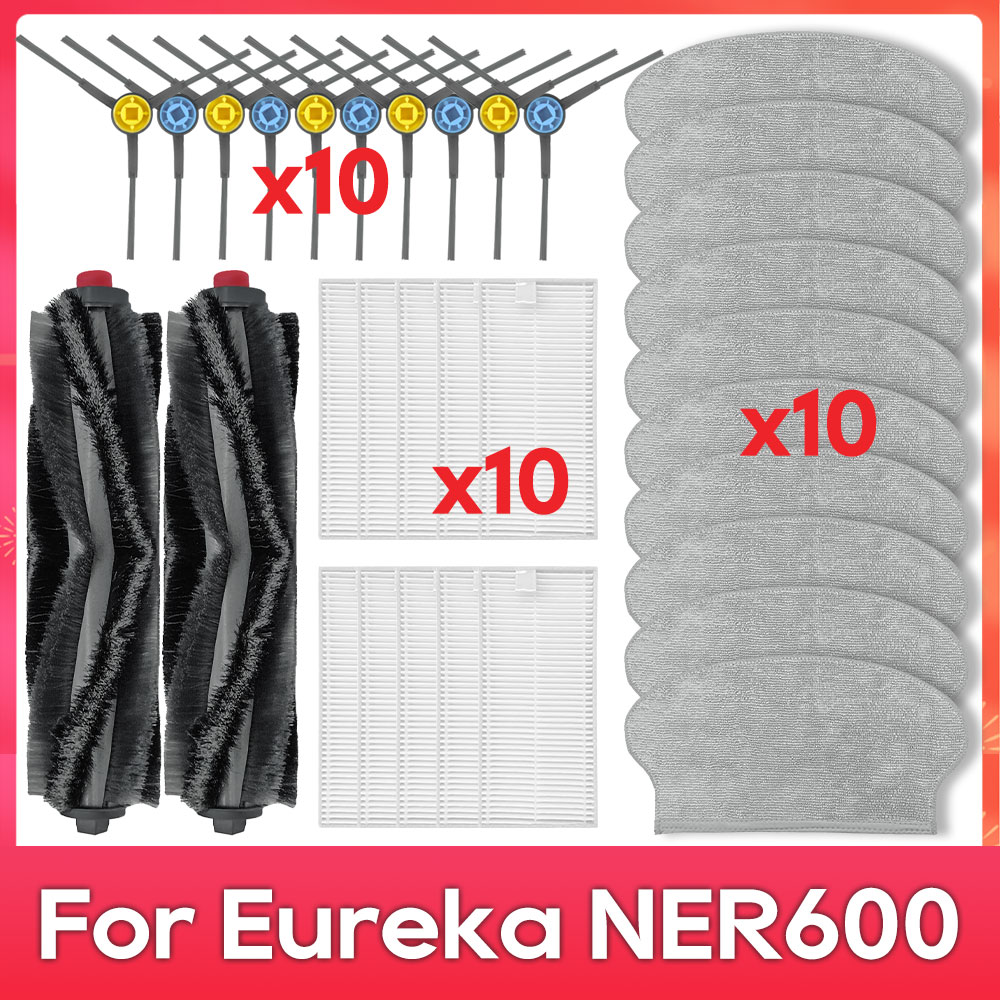 Compatível com ( Eureka NER600 ) Kit de Substituição de Peças: Rolo, Escova Principal e Lateral, Filtro HEPA, Pano de Mopa, Peças de Reposição para Aspirador de Pó Robô: Branco