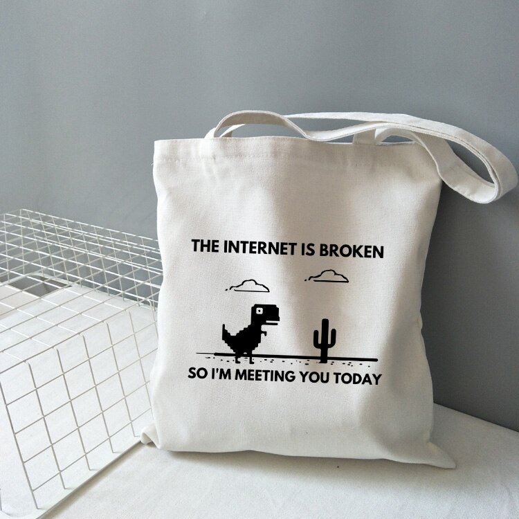 Internet on rikki, joten olen ulkona tänään dinosuar print canvas olkalaukku naisten käsilaukku uudelleen käytettävät suurikapasiteettiset kantolaukut