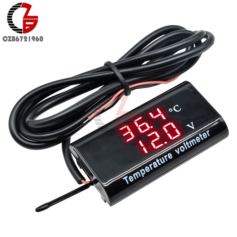 Voltímetro Digital IPX6 para motocicleta y coche, termómetro DC 8-18V 12V, probador de batería, medidor de voltaje impermeable, medidor de Sensor de temperatura: Red-Red