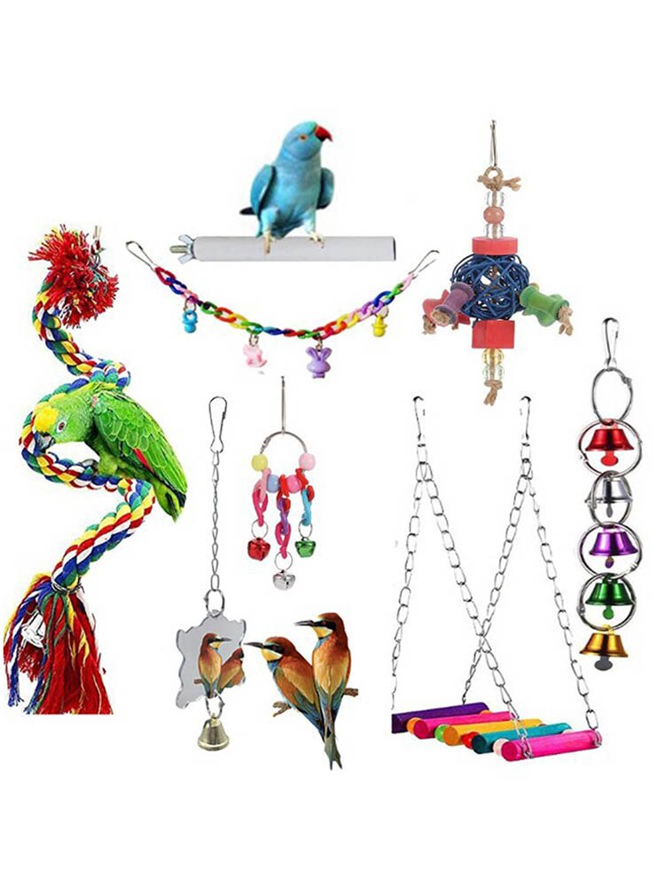 8PCS/set Bird Parrot Swing Toy Hanging Bell Ladders Bird Chew Toy Puppy Parrot Hanging Chewing Toys Bird Training Supplies