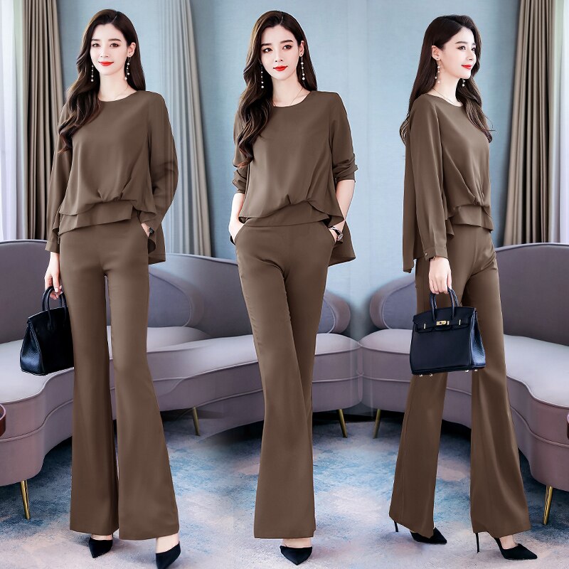 Autumn Spring style office lady long sleeve loose shirt blouse tops and long pants trousers suit female two pieces sets: Khaki / M