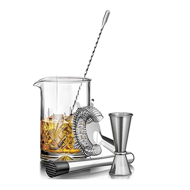 Crystal Cocktail Mixing Glass Set - 5 Piece - 450Ml Thick Bottom Crystal Mixing Glass, Spoon, Jigger, Strainer & Muddler