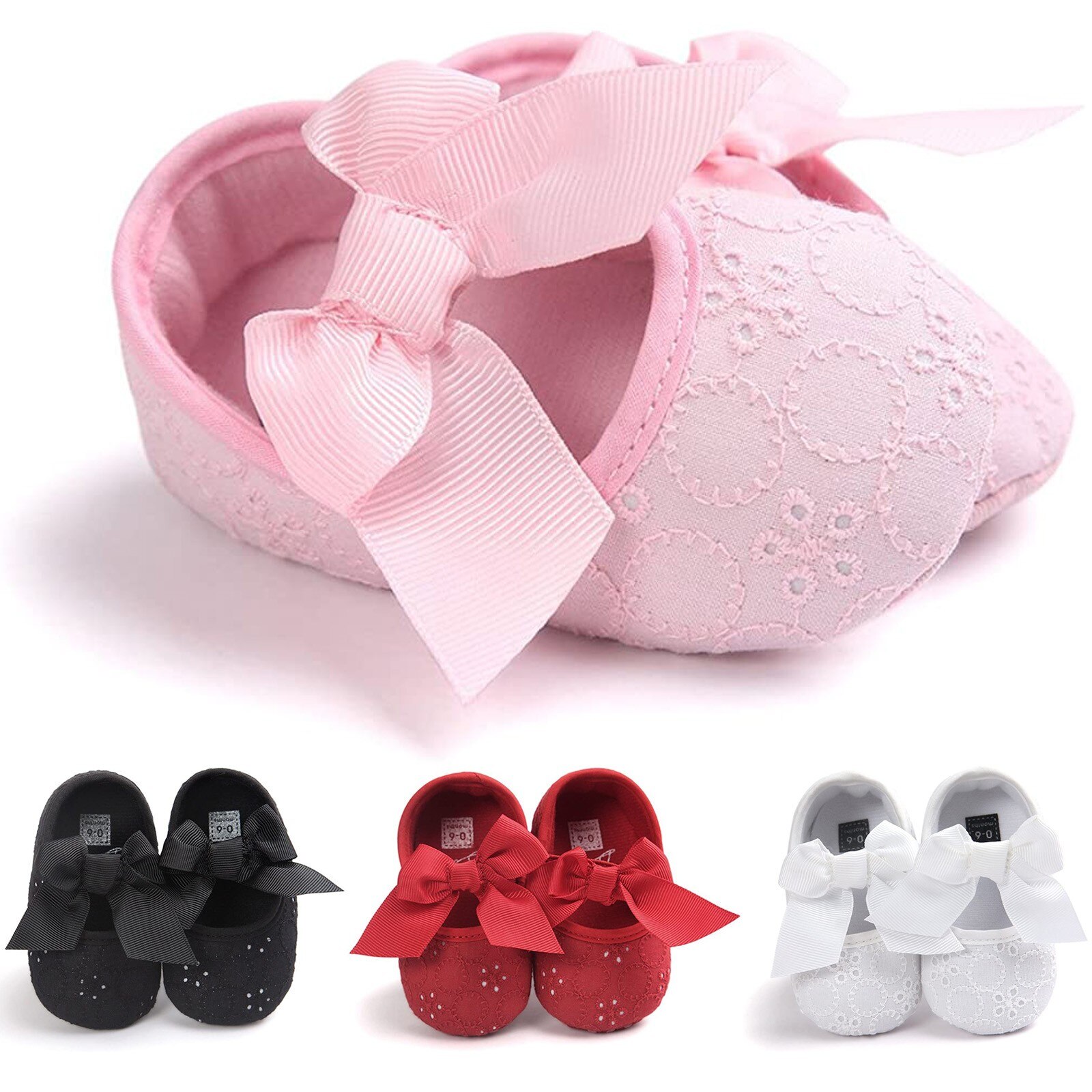 Chaussures brodées à semelle souple pour bébé fille, chaussures de princesse à nœud, tendance Kawaii,