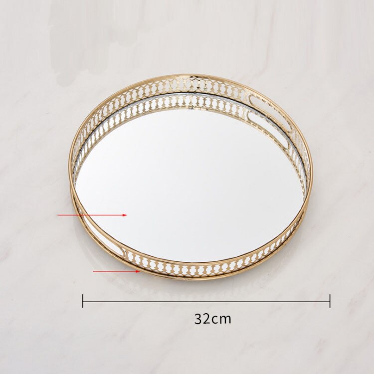 Bandejas doradas decorativas para almacenamiento de joyas, bandeja de vidrio con espejo Vintage, rectangular/redondo, plato de fruta, artículos pequeños de escritorio, placa de exhibición de joyería: Round-L
