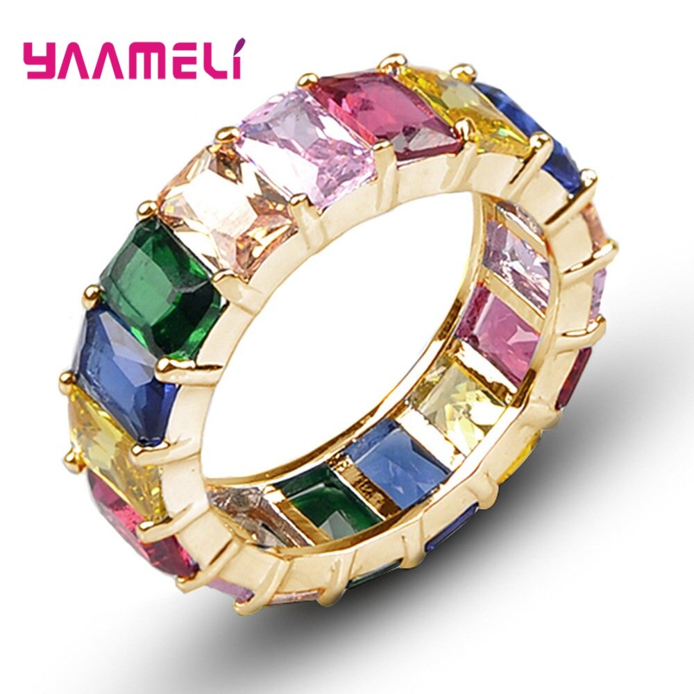 Gute Regenbogen Farbe Baguette CZ Kristall Zirkonia Finger Ringe Für Frauen Luxus 925 Sterling Silber Goldene Schmuck: Color 3 / 9