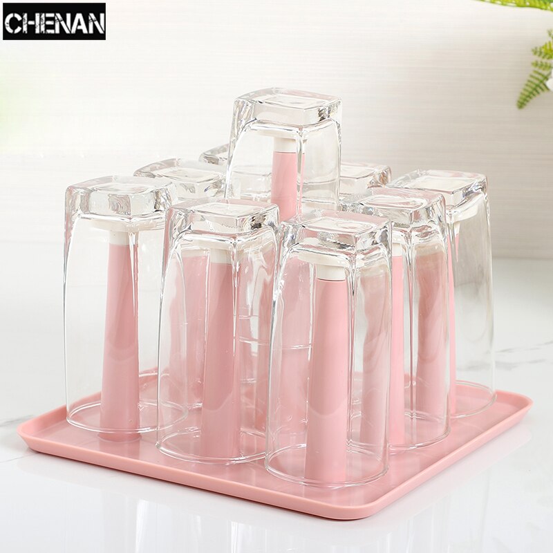 Colorful Plastic Glass Cup Rack Water Mug Draining Drying Organizer Drain Holder Stand 9 Cups Home Kitchen Supplies