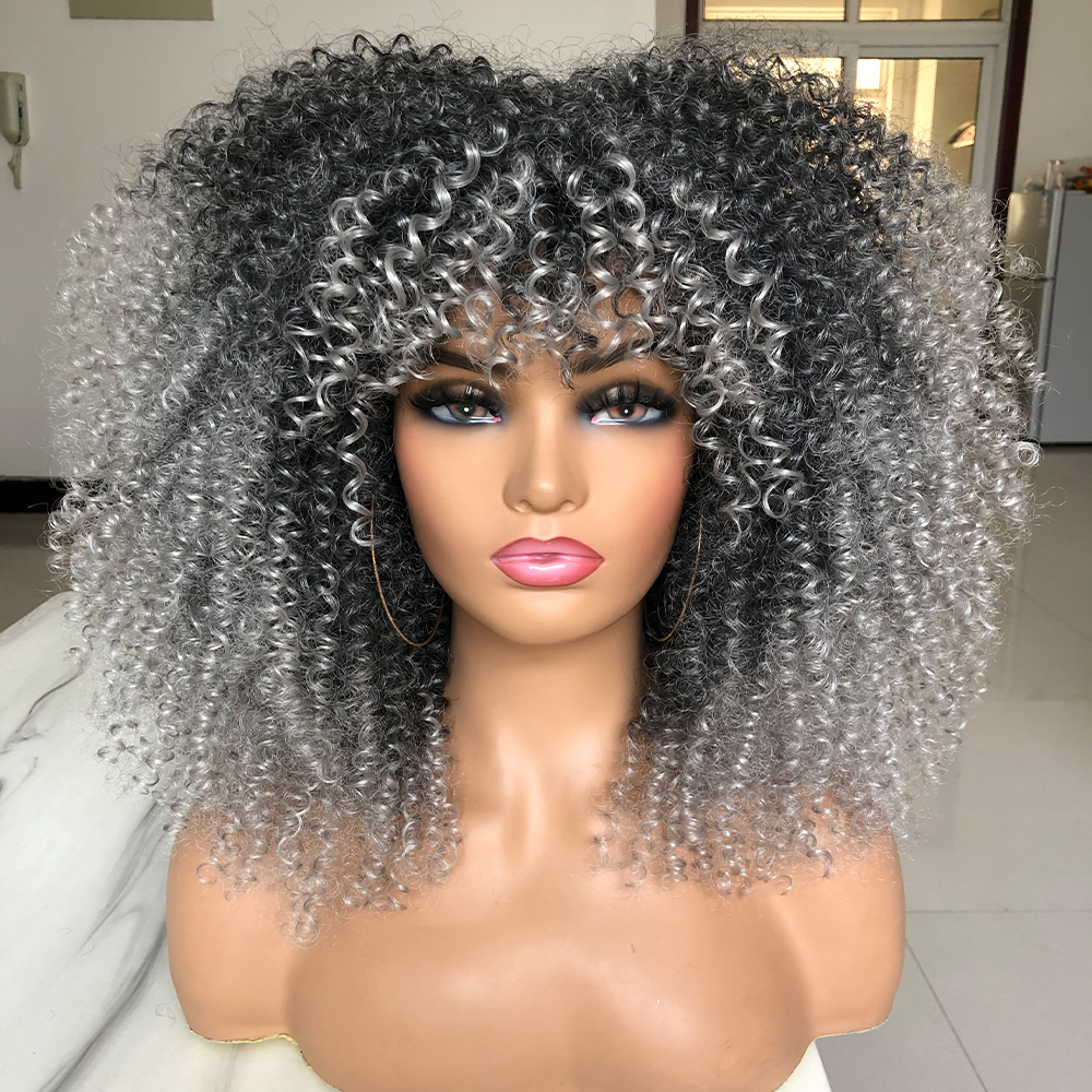 Perucas afro encaracoladas para mulheres negras, perucas sintéticas afro encaracoladas com franja, cabelo longo e fofo e encaracolado: Silver Grey