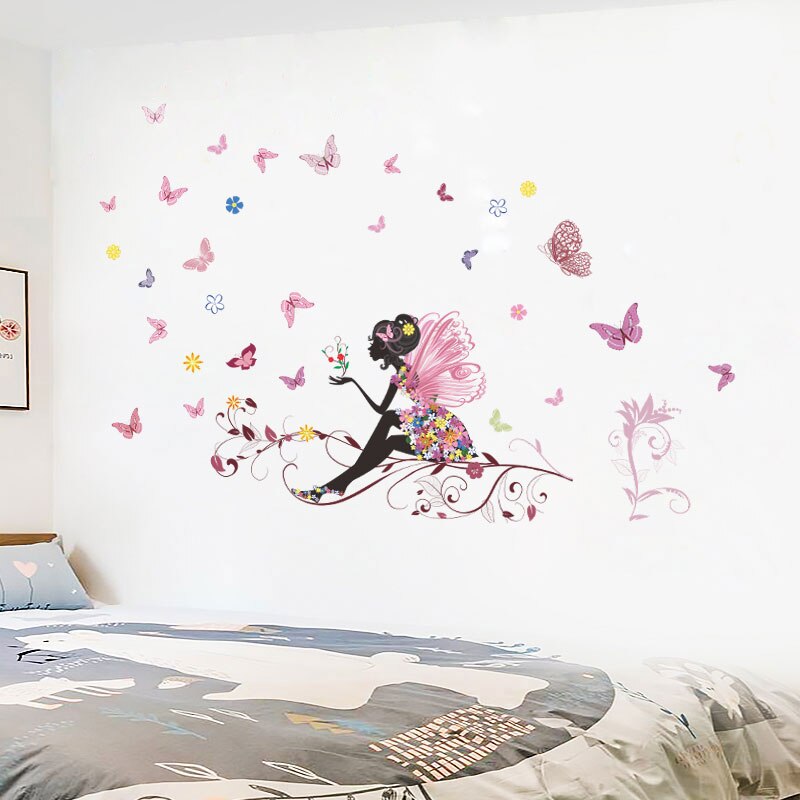 Cartoon Butterfly Flower Fairy 50*70cm Wall Decals Kids Rooms Home Decor Diy Wall Stickers Mural Art Pvc Posters