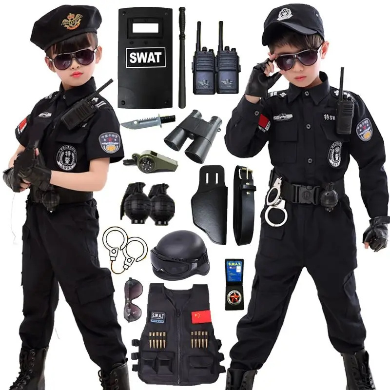 Costumes de policier du SWAT pour enfants, uniforme de police de carnaval pour enfants, armée, policier, soldat, Halloween, 110-160cm, 7 pièces, ensembles