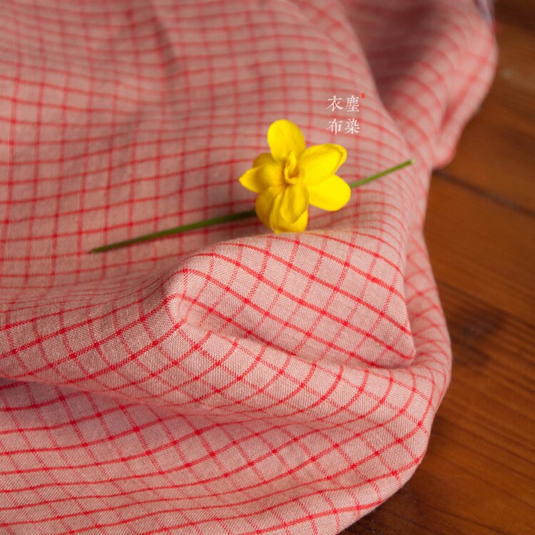 pure linen flax yarn-dyed small checked quadrille fabric old pink colored woven cloth woman's dress wind coat