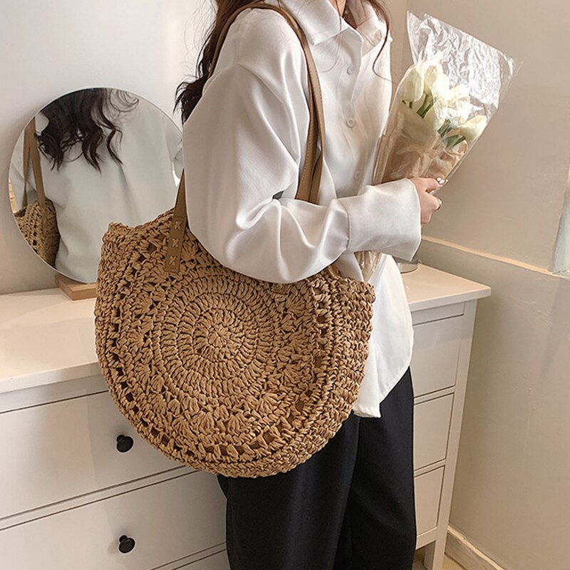 Vierkante Stro Strandtas Handgemaakte Geweven Schoudertas Vrouwen Raffia Shopper Reistas Bohemian Zomervakantie Casual Handtas Totes