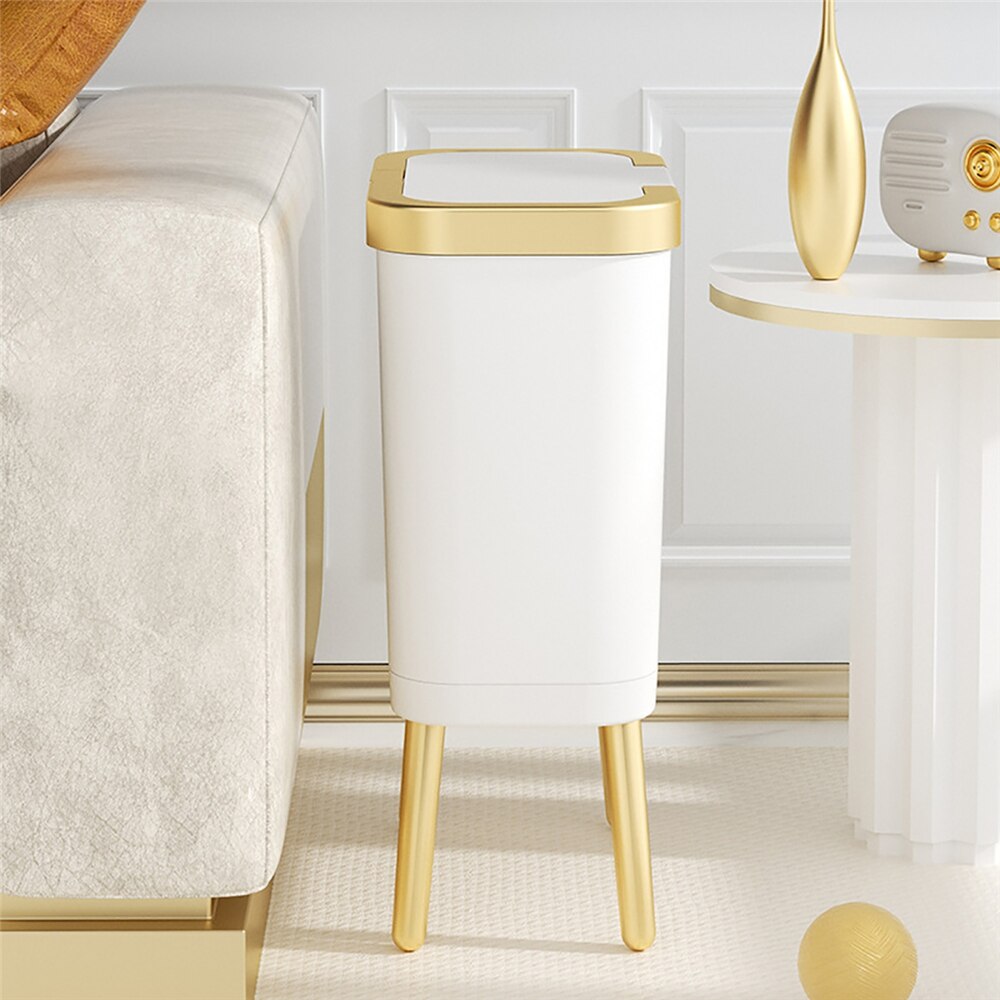 15L Top Luxe White Gold Prullenbak Keuken Badkamer Hoge Capaciteit Vuilnisbak Vier-Legged Tall Smalle Prullenbak opbergdoos