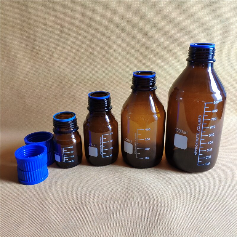 500ML Reagent Bottle,Amber Soda Glass,graduated storage bottles with GL45 blue screwcap,amber glass bottle