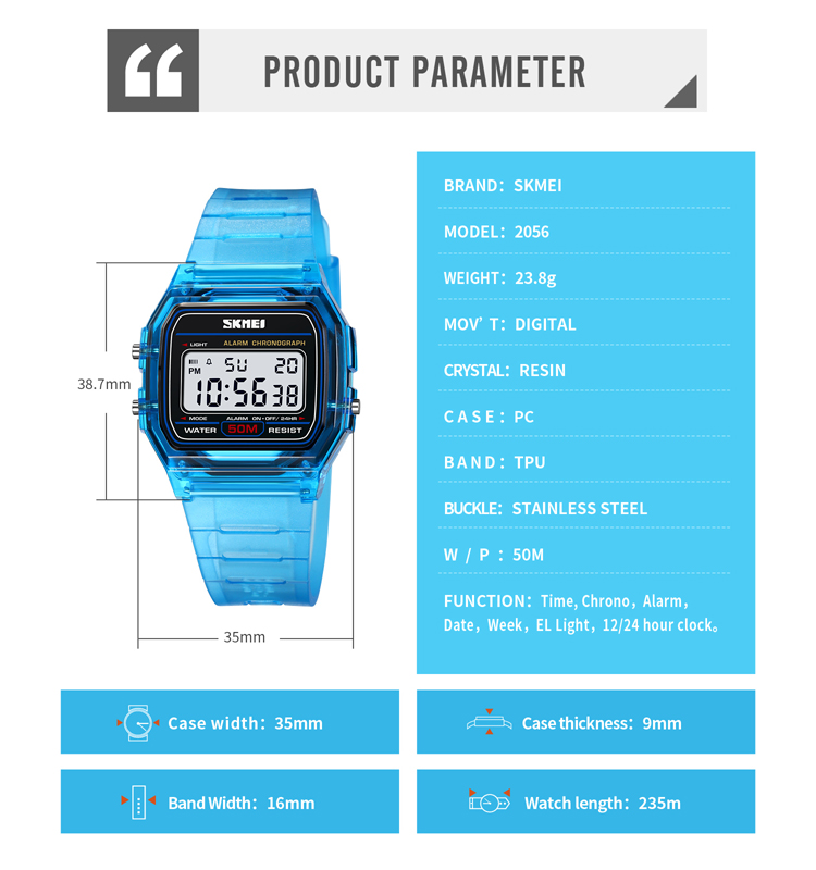 SKMEI, vigor juvenil, reloj de pulsera transparente con correa de TPU para mujer, cronómetro con pantalla de luz trasera, relojes digitales para mujer, reloj para mujer