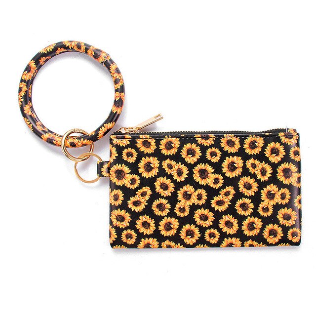 Multi-purpose Pu Leather Flower Leopard Printed Phone Wallet O Key Rings Women Wristlet Bracelets Key Chain: H