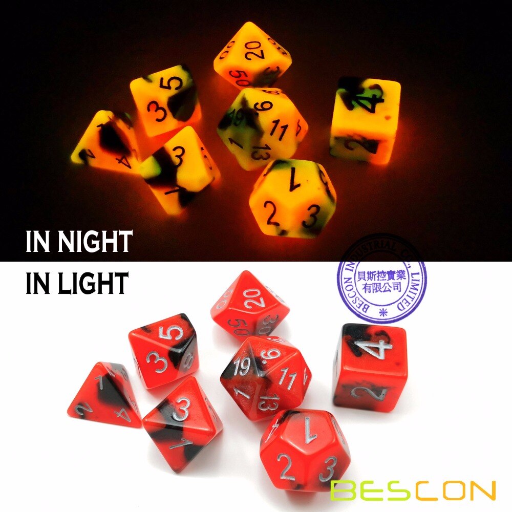 Bescon Twee-Tone Glow-in-the-Dark Polyhedrale Dobbelstenen Set ROTSEN, lichtgevende RPG Dobbelstenen Set d4 d6 d8 d10 d12 d20 d % Baksteen Box Pack