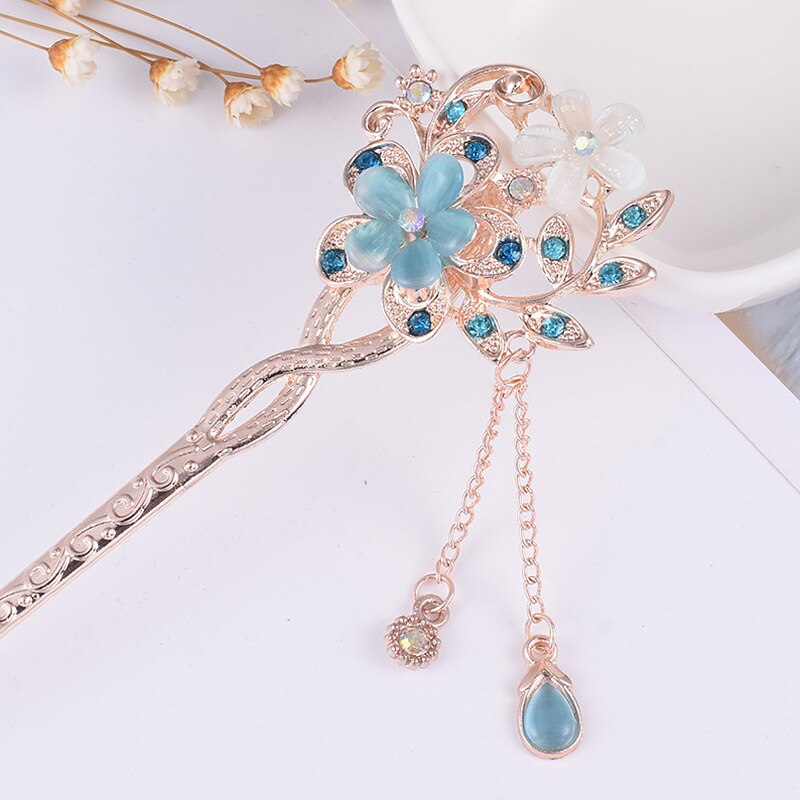 Mode Metalen Chinese Stijl Haar Stok Bloem Strass Haar Eetstokjes Haarspeld Cat Eye Stone Clip Vrouwen Haar Accessoires: Blue