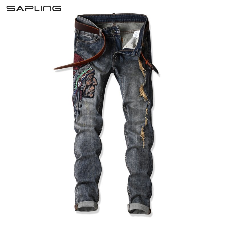 Pantalones vaqueros rectos para hombre, Jeans Retro rasgados, ropa informal ajustada, , bordados indios, novedad