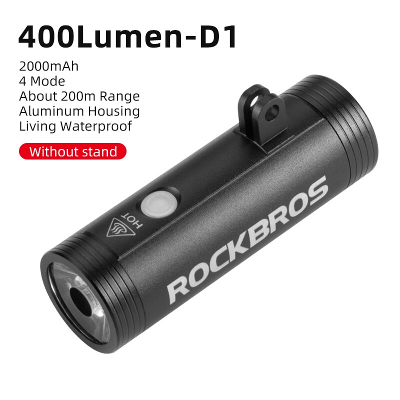 ROCKBROS-Luz LED delantera y trasera para bicicleta, faro trasero para ciclismo de montaña, con USB, 400/800/1000LM: D1-400 Lumen