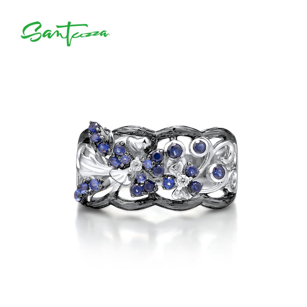 SANTUZZA Silver Rings For Woman Sparkling Blue and White Cubic Zirconia Genuine 100% 925 Sterling Silver Ring Fine Jewelry