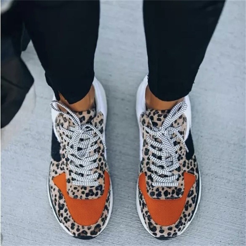 Woman Sneakers Thick Platform Leopard Print Trainer Women's Vulcanized Shoes Plus Size Casual Breathable Flats Shoes