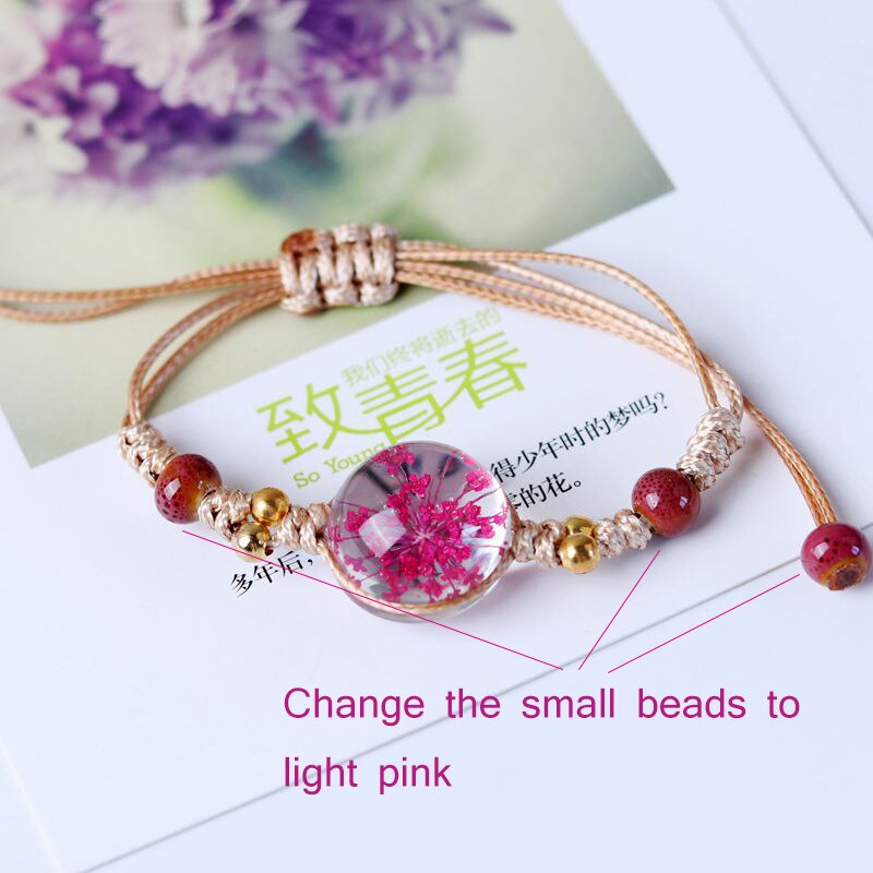 Flor seca romántica japonesa y coreana, cristal transparente, cerámica, cuerda de nailon anudada, pulsera de mujer, símbolo de la feliz