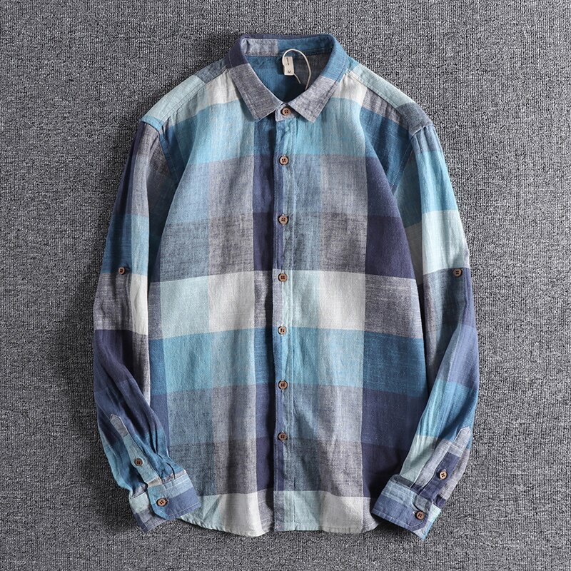 lin européen et américain grand Plaid jeunesse chemise ins polyvalent à manches longues décontracté homme haut 0599