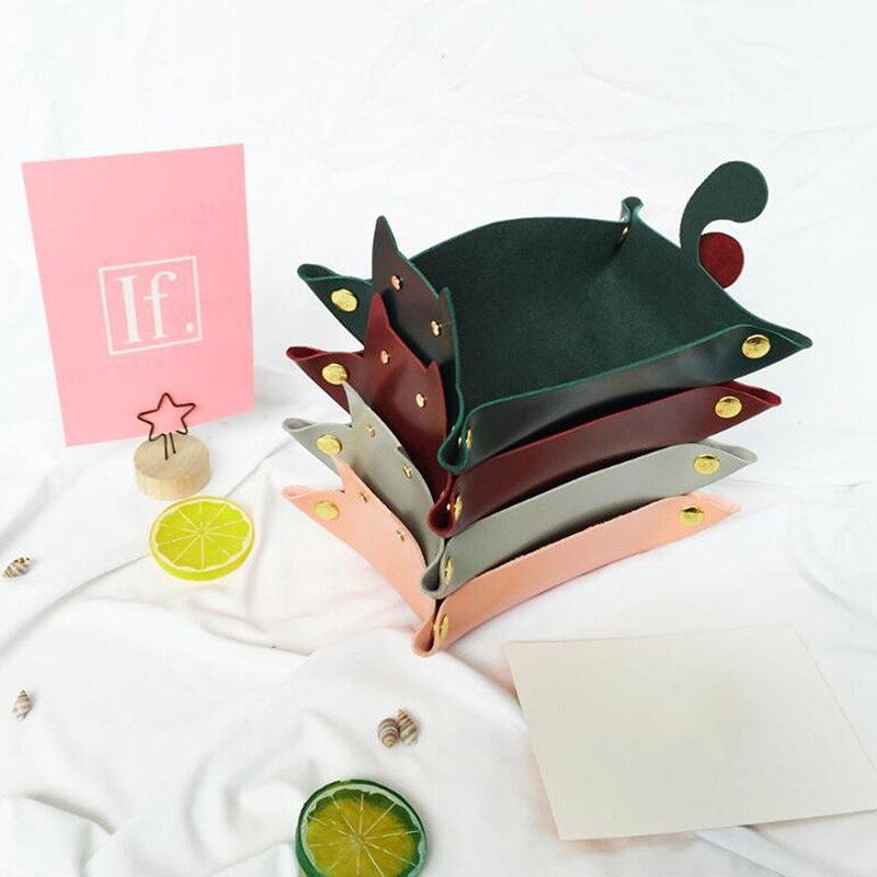 Portable Cat Shape Leather Storage Tray Key Desktop Jewelry Box Coin Makeup Tray Household Folding Tray Storage Box