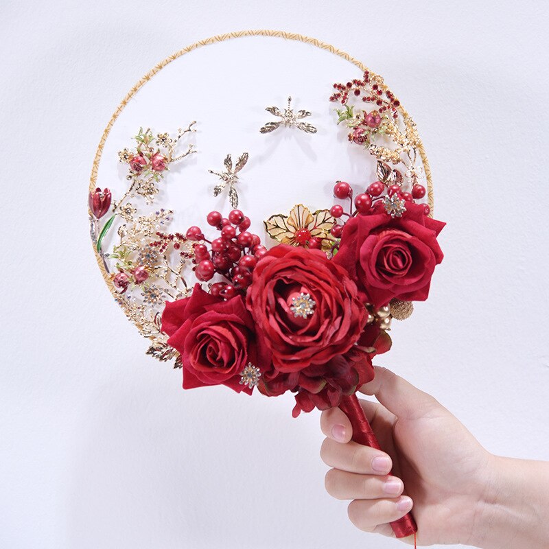 Kyunovia Unique Fan Type Wdding Flower Broach Jeweled Crystal Bridal Bouquet Red Silk Rose Wedding Boquets D26: Default Title