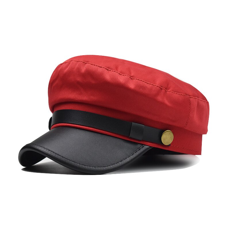 Nueva boina palabra PU cuero tapa superior plana niñas mujeres algodón salvaje transpirable pato lengua Octagonal gorra femenina Inglaterra temporada Unisex: Rojo