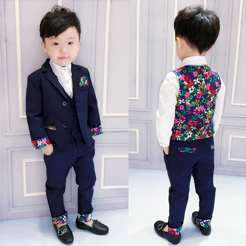 Blommig babykostym blazers kläder med skjorta 4 delar visa barndräkt smal pojkkläder set 2 to 10 år