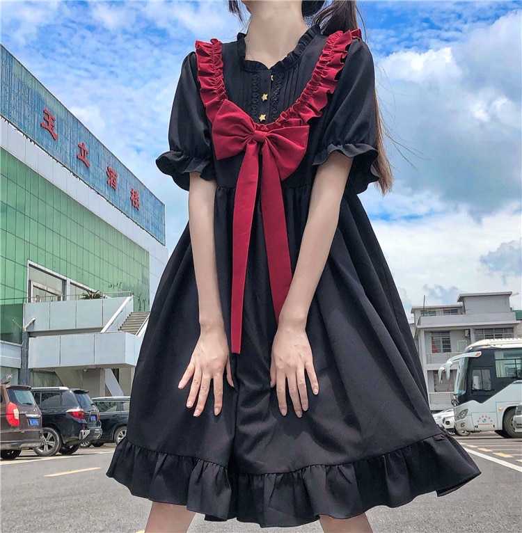 Gothic Lolita Jurk Japanse Dark Harajuku Mode Zoete Strik Dunne Jurk Kawaii Meisje Zomer Stijl