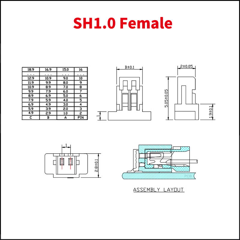 50 Stks/partij Jst Sh 1.0 Vrouwelijk Materiaal Sh1.0 1Mm Pitch Connector 2/3/4/5/6/7/8/9/10P Pin Snoeren Behuizing Behuizing SH-Y