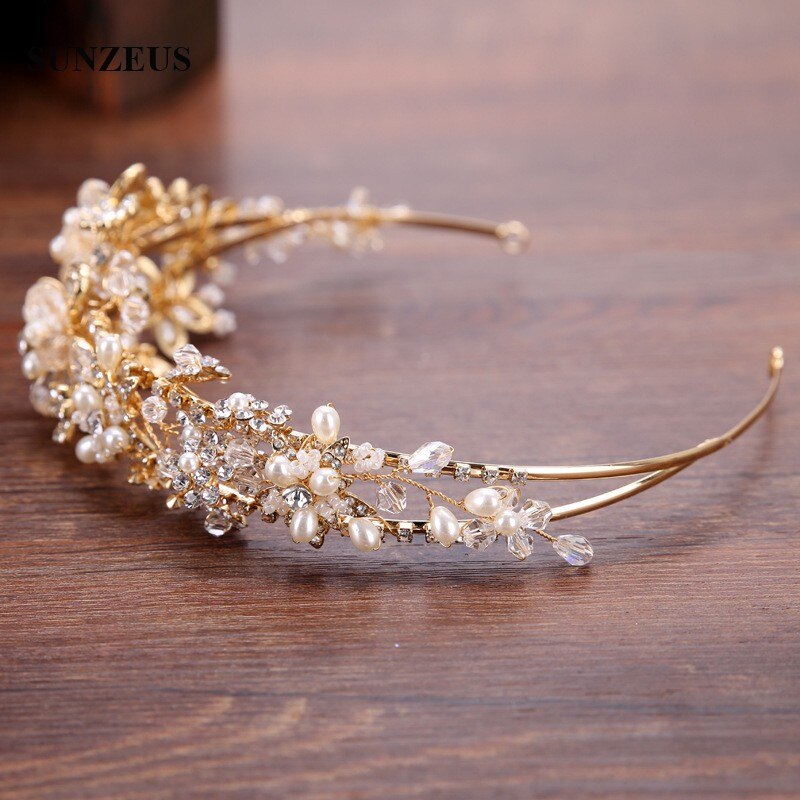 Diadema de novia dorada, corona de flores de cristal para Boda, perlas, Accesorios para novia, Boda SQ0217