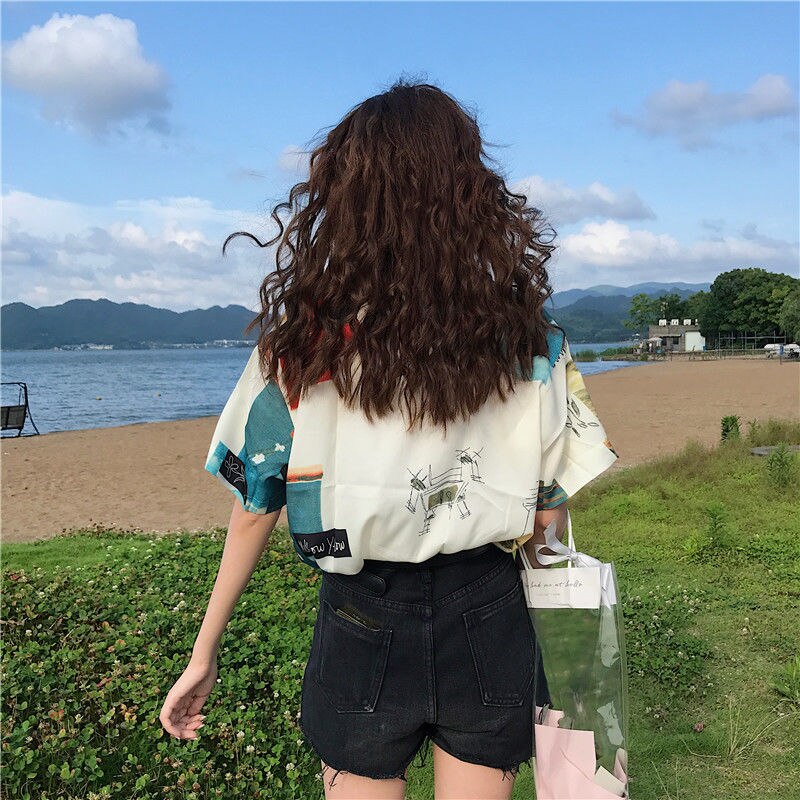 Harajuku Shirt Korte Mouw Tees Chiffon Blouse Voor Vrouwen Vrouwen Zomer Tuniek Vrouwen Hawaiian Shirt Leuke tops