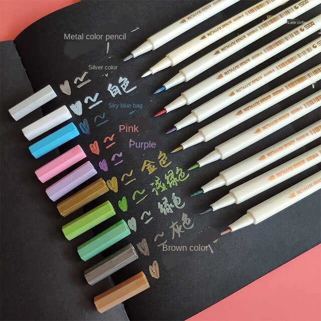 Blank Black Paper Sketch Book Notebook Black Inner Page Book Painting Drawing DIY Graffiti Paper School Art Supplies: Metal pen 10 colors