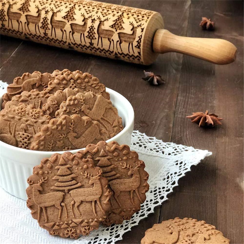 Kerst Embossing Roller Pastry Cookies Noodle Biscuit Fondant Cake Plak Gegraveerde Tool Rendier Sneeuwvlok 35x5 cm Keuken Tool