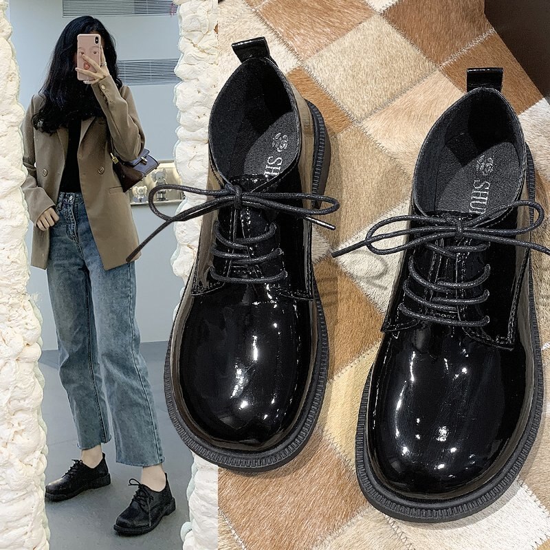 Zapatos Oxford de charol con cordones para mujer, zapatillas informales de punta redonda, planas, de Lolita, para primavera y otoño, 8905N