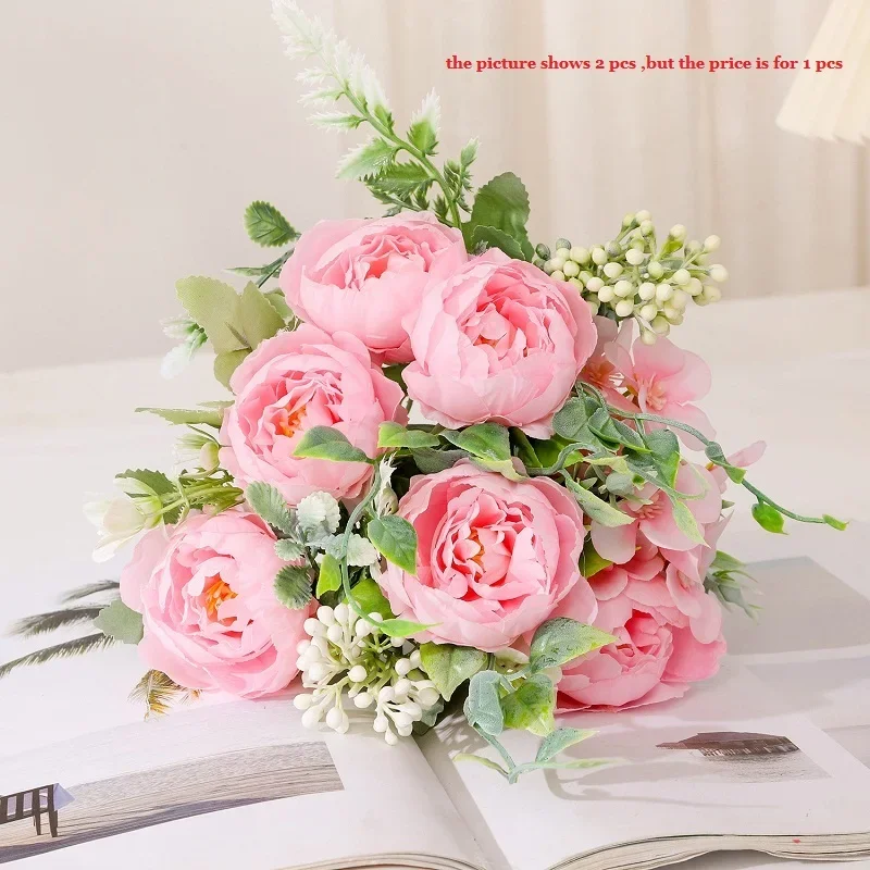 Simulazione di seta fiori argento neve peonia mazzo pianta verde centro commerciale decorazione artificiale peonie arancioni fiore finto: Colore rosa