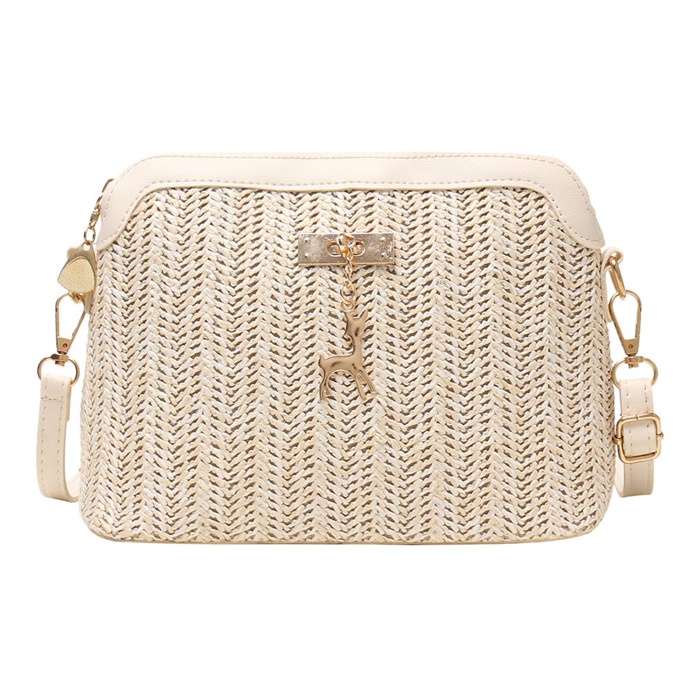 Zomer Stro Crossbody Tassen Voor Vrouwen Handgemaakte Geweven Shell Tas Pu Lederen Boho Zakken Vrouwelijke Bohemen Strand Schoudertas: Beige A