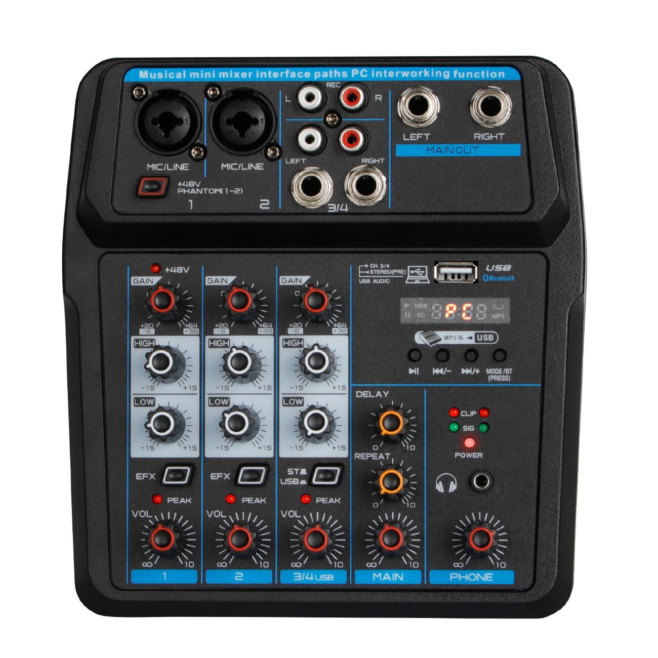 LEEDOAR 4-channel Portable A4 Mixer Sound Card Mixing Console Computer Live Input 48v Power Model Number PK TEYUN