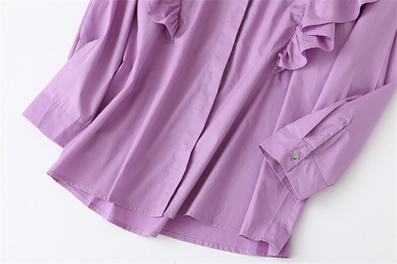 Hsa kvinner sommer poplin bluser langermet turn-dowm krage skjorte topper ensfarget knapp elegant volang bluse
