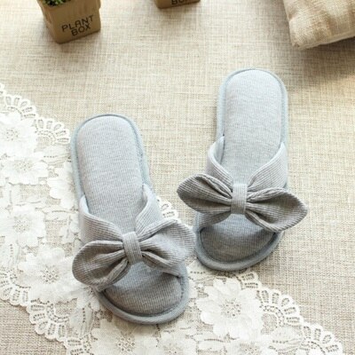 Lcizrong lente katoenen schattige huispantoffels voor dames met vlinderknoop, zoete comfortabele pantoffels, antislip familiepantoffels voor dames: Grijs / 38