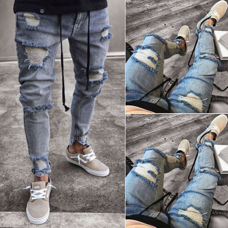 Menn jeans bukser Mann revet syklist jeans frynsete bukser uformelt slank passe jogger dongeribukser