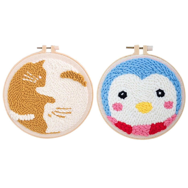Cartoon Cat Penguin DIY Punch Needle Embroidery Kit needlework Cross Stitch for Beginner Sewing Art Wall Painting Decor: Default Title