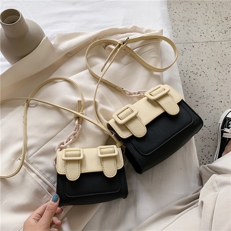 Contrast color Leather Crossbody Bags For Women Travel Handbag Simple Shoulder Messenger Bag Ladies Cross Body Bag: 14 CM Hit Black